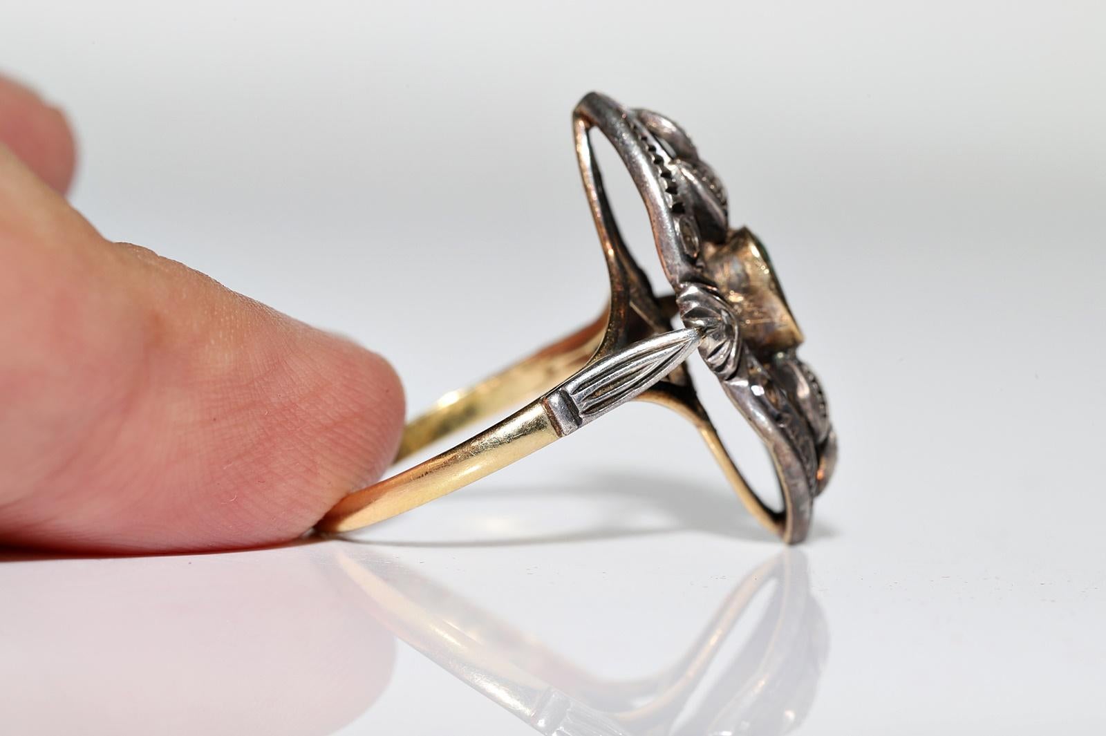 Victorian 18k Gold Top Silver Natural Rose Cut Diamond And Emerald Navette Ring For Sale 3