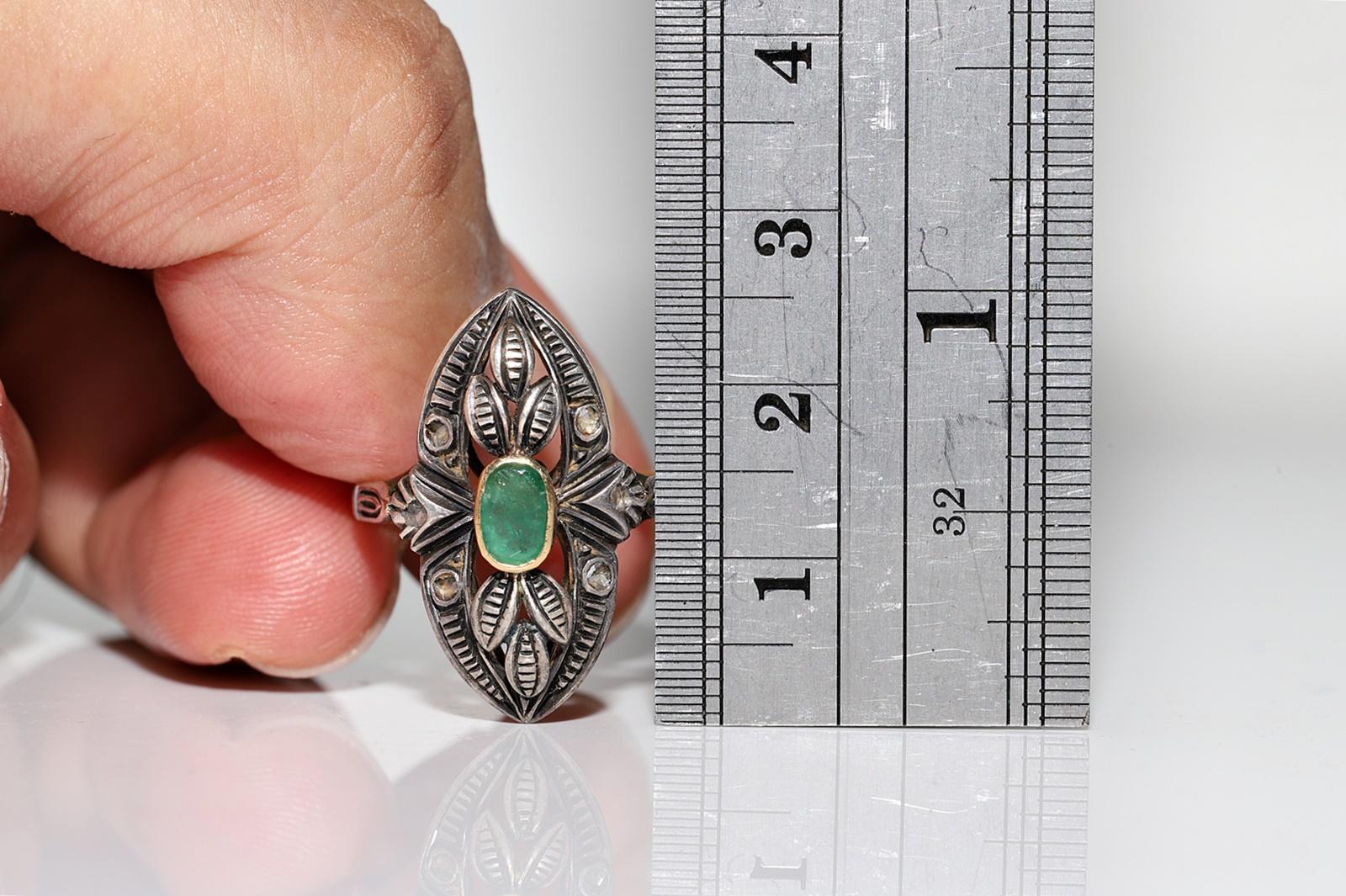 Victorian 18k Gold Top Silver Natural Rose Cut Diamond And Emerald Navette Ring For Sale 5