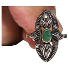 Victorian 18k Gold Top Silver Natural Rose Cut Diamond And Emerald Navette Ring