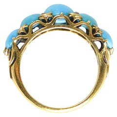 Victorian 18k Gold Turquoise & Diamond 5-Stone Half Hoop Ring, Circa 1870