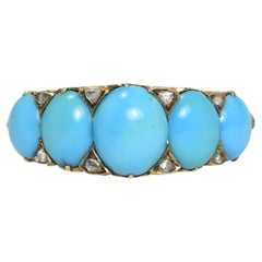 Victorian 18k Gold Turquoise & Diamond 5-Stone Half Hoop Ring, Circa 1870