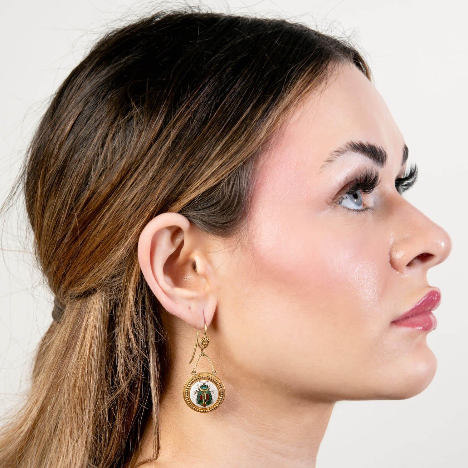Pendientes Victorianos 18k Italianos Micro Mosaico Mosca en venta 1