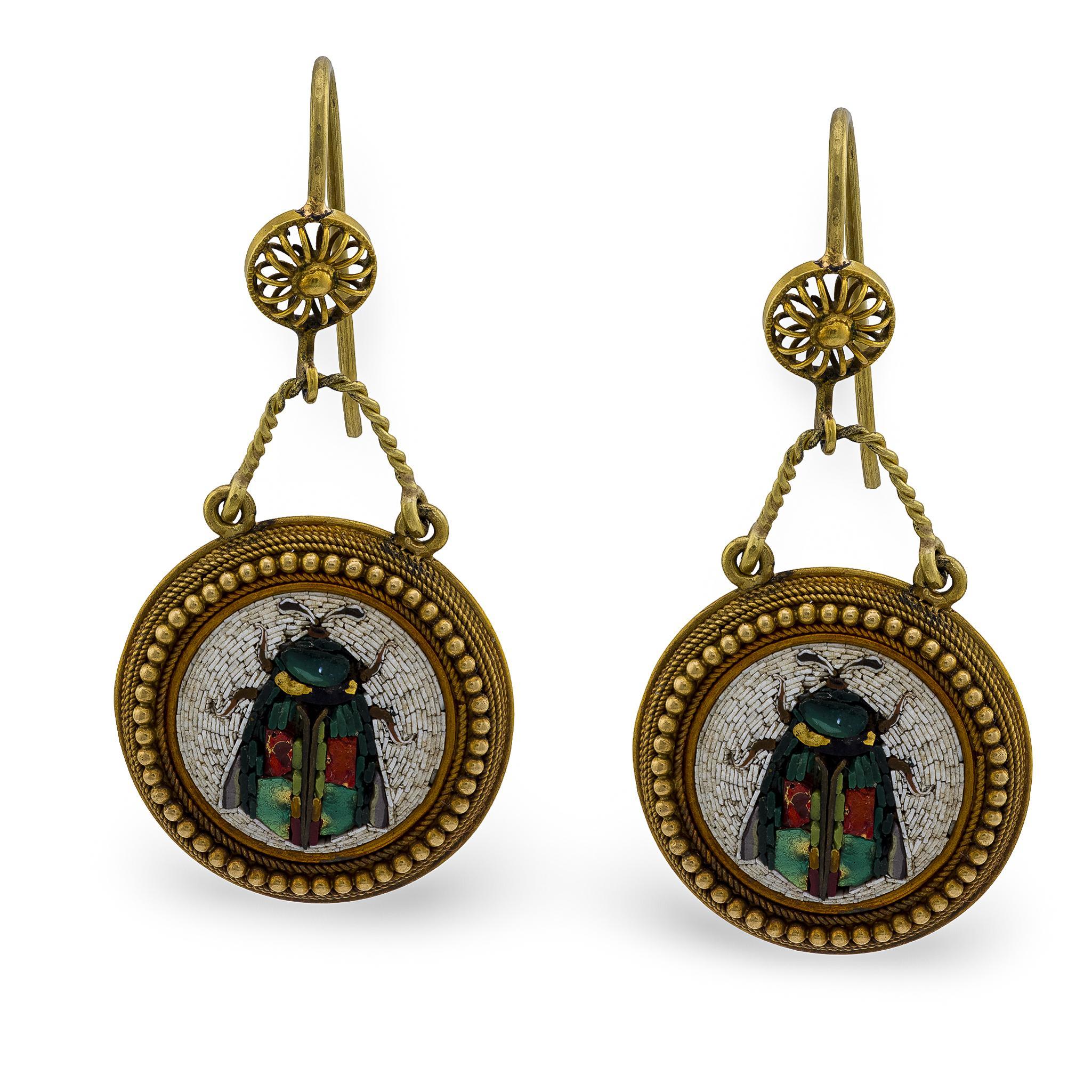 Pendientes Victorianos 18k Italianos Micro Mosaico Mosca en venta