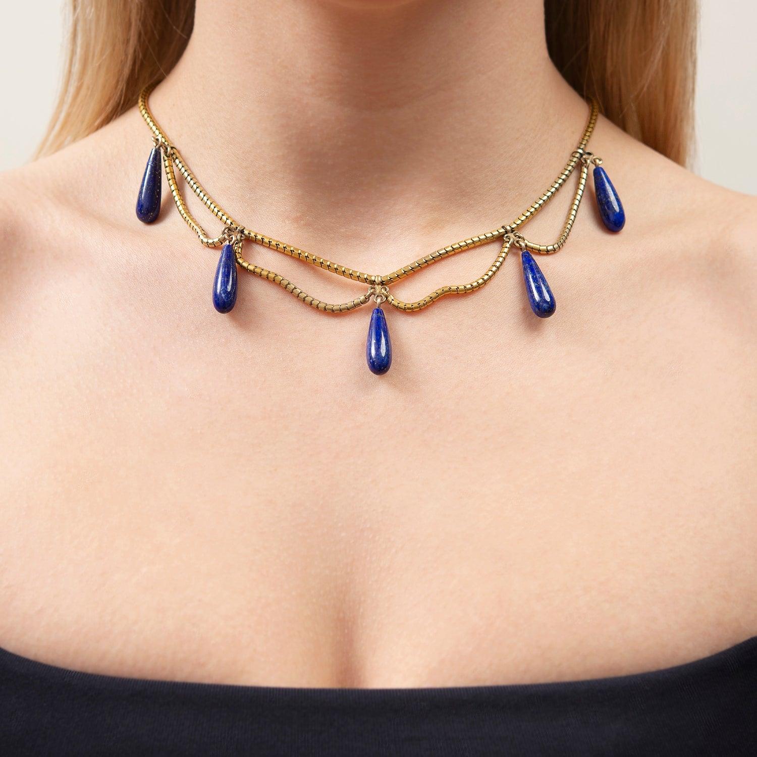 Victorian 18k Lapis Festoon Necklace In Good Condition In Narberth, PA