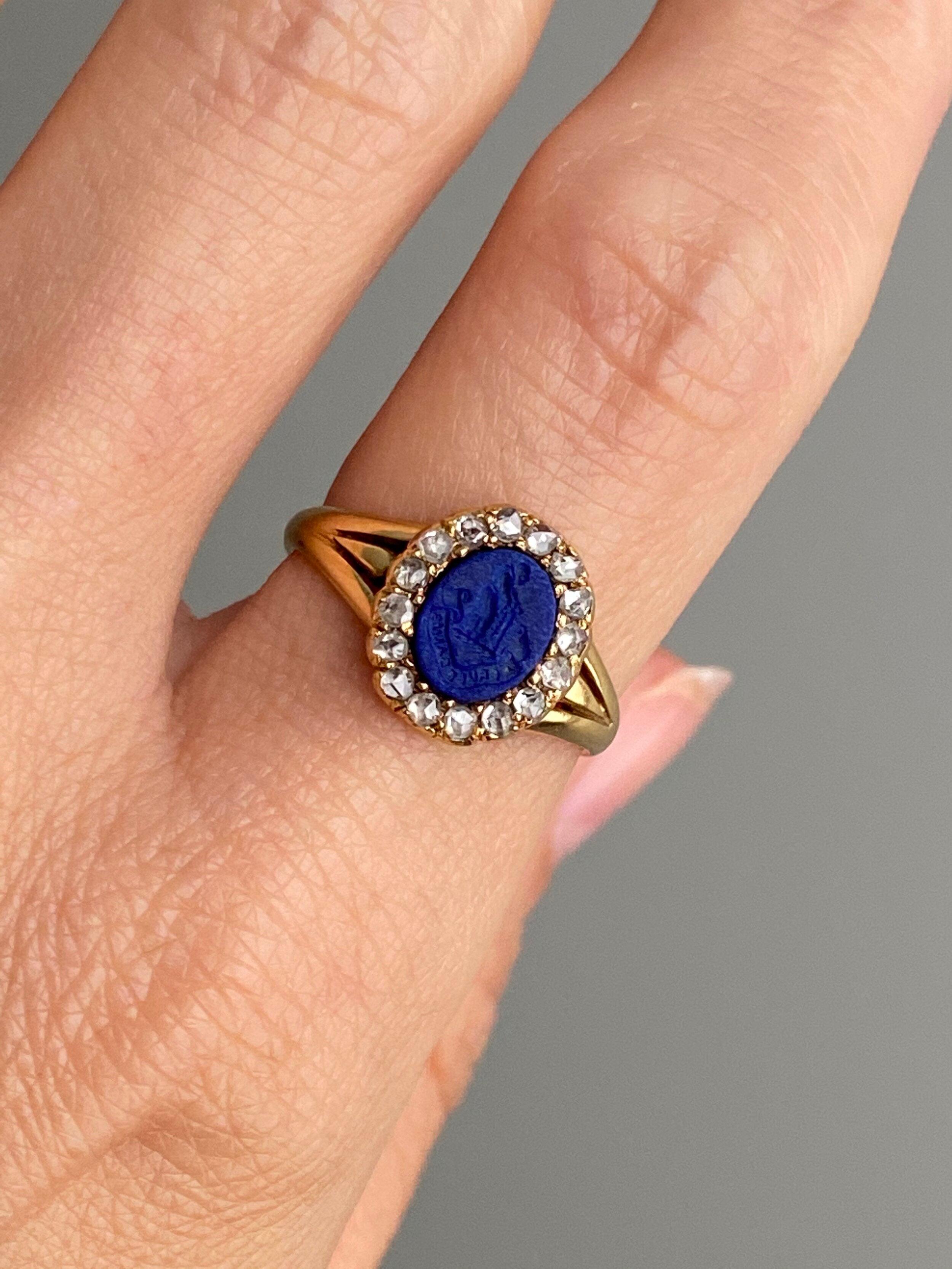 Victorian 18K Lapis Intaglio Ring with Rose Cut Diamond Surround - A Cruce Salus In Good Condition For Sale In Hummelstown, PA