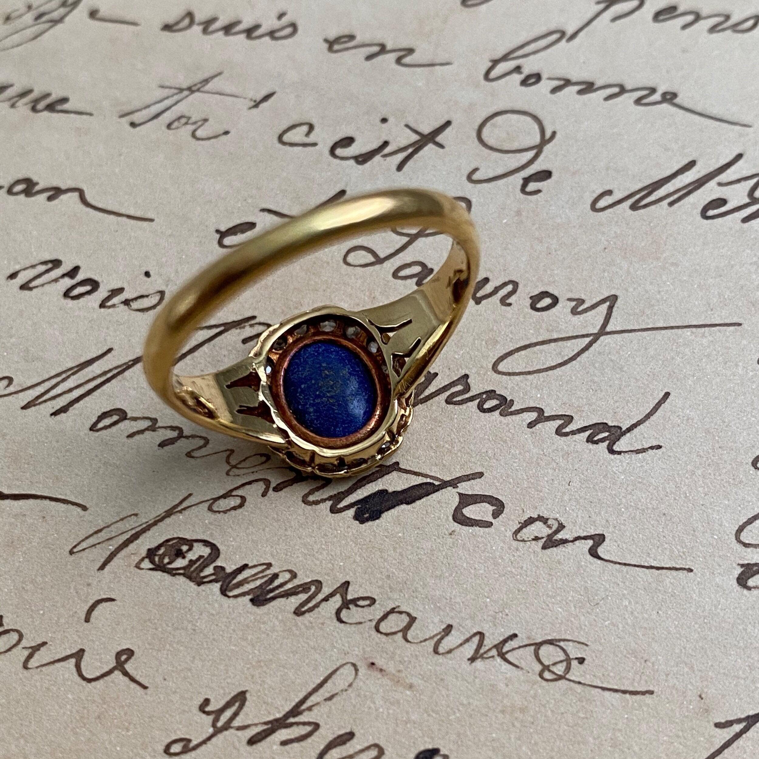 Women's or Men's Victorian 18K Lapis Intaglio Ring with Rose Cut Diamond Surround - A Cruce Salus For Sale