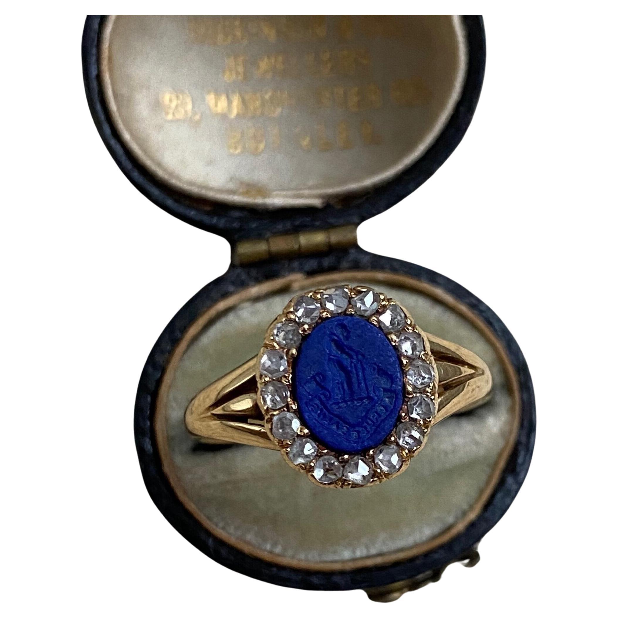 Victorian 18K Lapis Intaglio Ring with Rose Cut Diamond Surround - A Cruce Salus For Sale