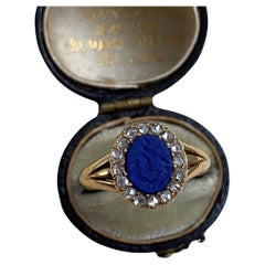 Antique Victorian 18K Lapis Intaglio Ring with Rose Cut Diamond Surround - A Cruce Salus