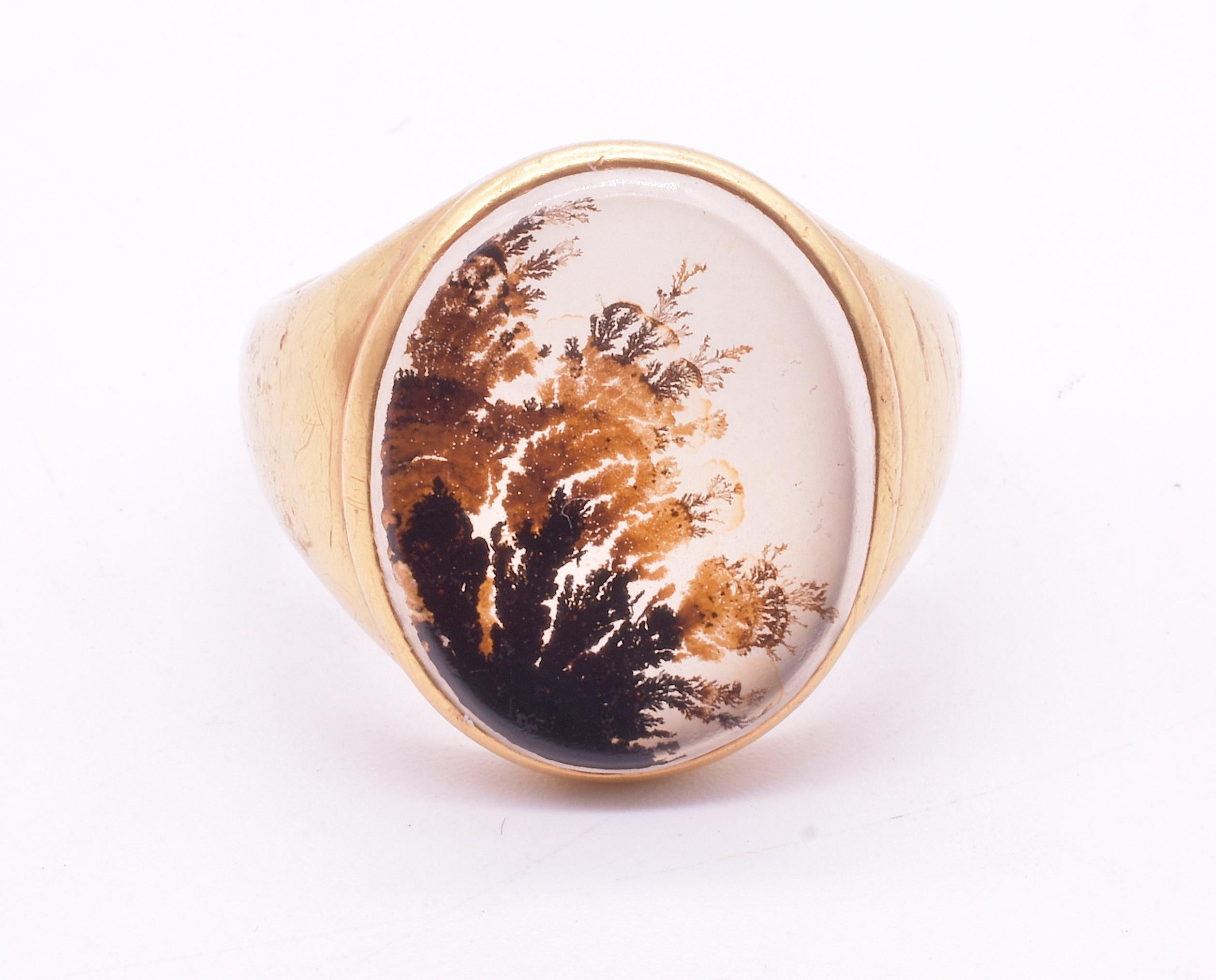 This ring just happens to be one of the loveliest dencritic moss agate rings we have come across. Dendritic agate is a translucent variety of chalcedony quartz, usually whitish with dark patterns like moss and immediately recognizable by its tree or