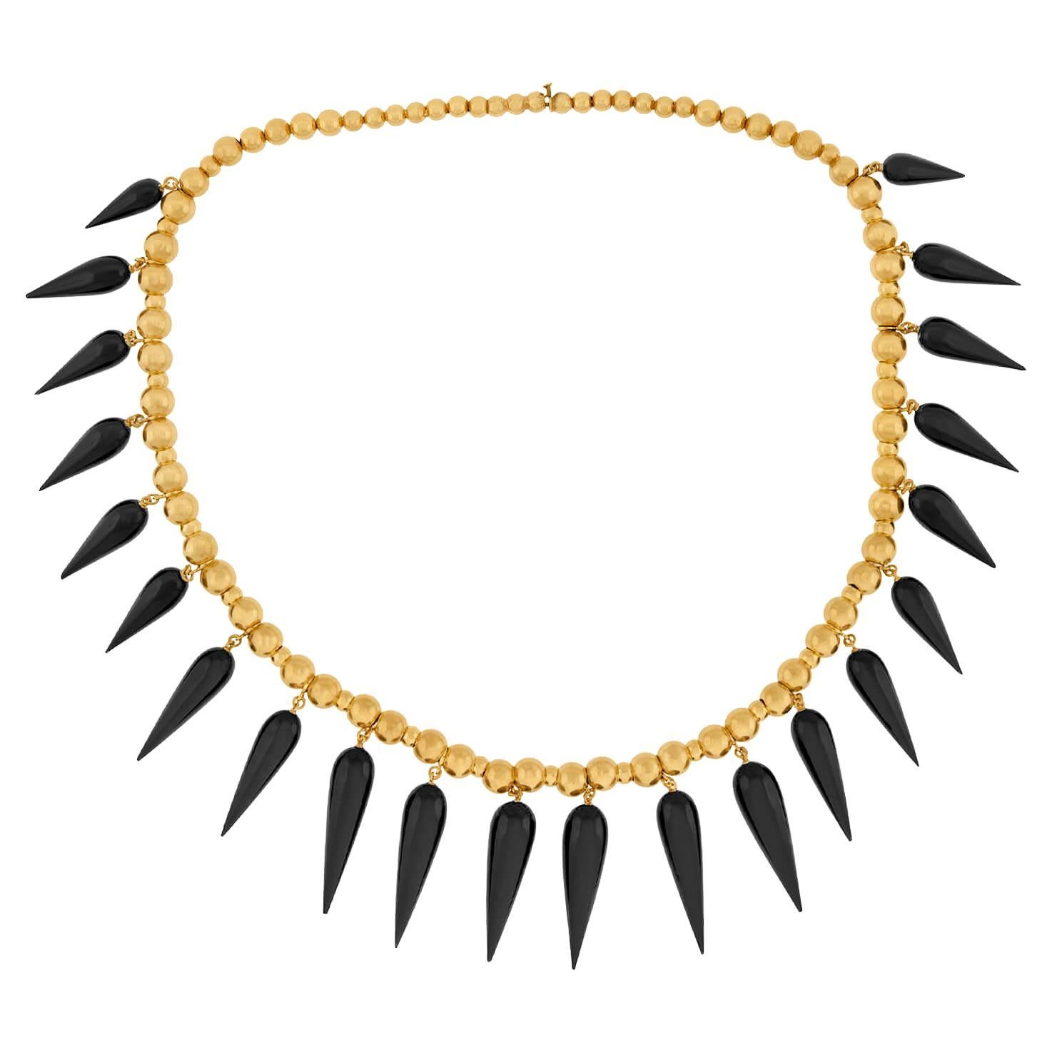 Viktorianische 18k Onyx Gold Ball Festoon Halskette im Angebot