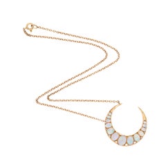 Victorian 18k Opal & Diamond Crescent Pendant Necklace