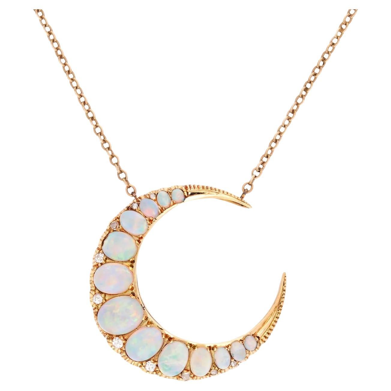 Victorian 18k Opal 
Diamond Crescent Pendant Necklace For Sale