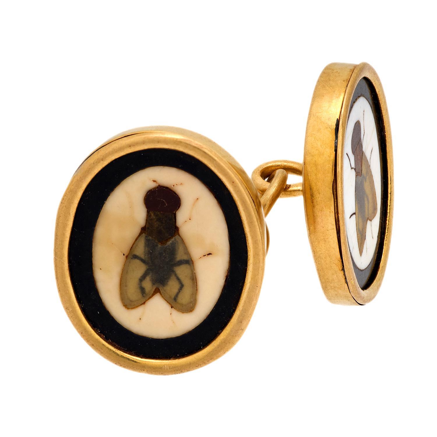 Gemelos Victorianos 18k Motivo Mosca Pietra DURA en Bueno estado para la venta en Narberth, PA