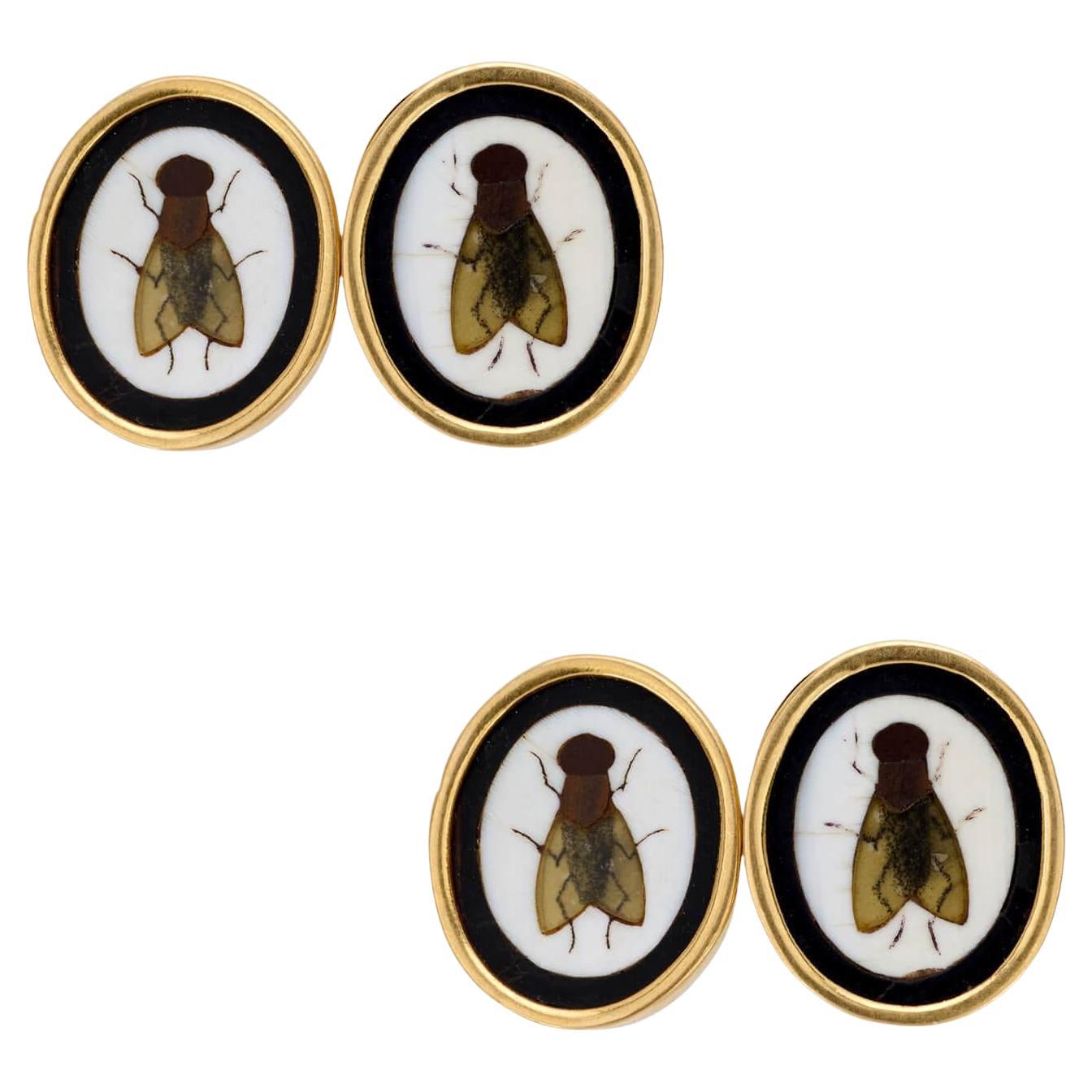 Gemelos Victorianos 18k Motivo Mosca Pietra DURA