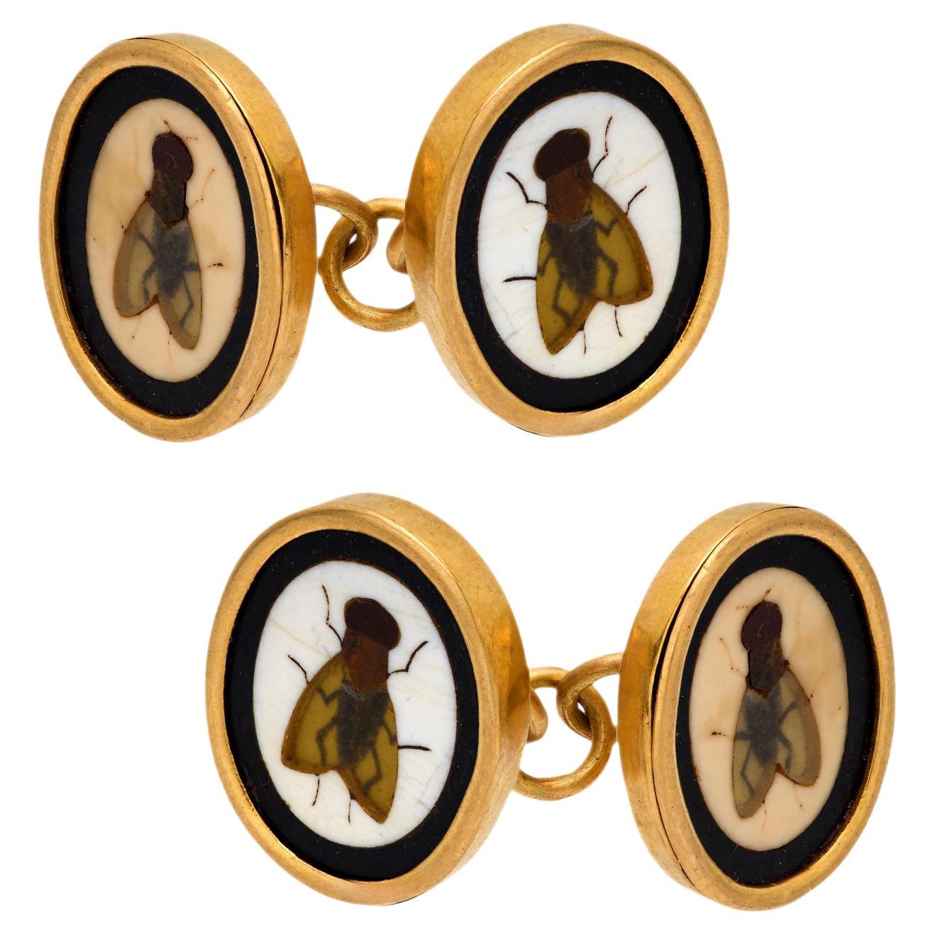 Victorian 18k Pietra Dura Fly Motif Cufflinks