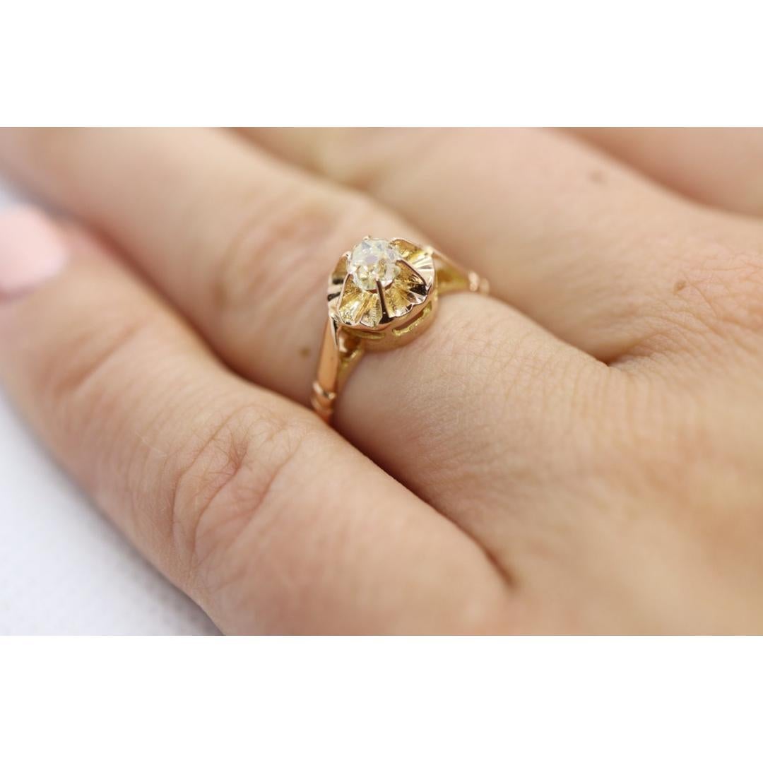 Victorian 18k Rose Gold Diamond Solitaire. 0.36ct Old Mine Cushion Cut Buttercup In Good Condition For Sale In Port Charlotte, FL