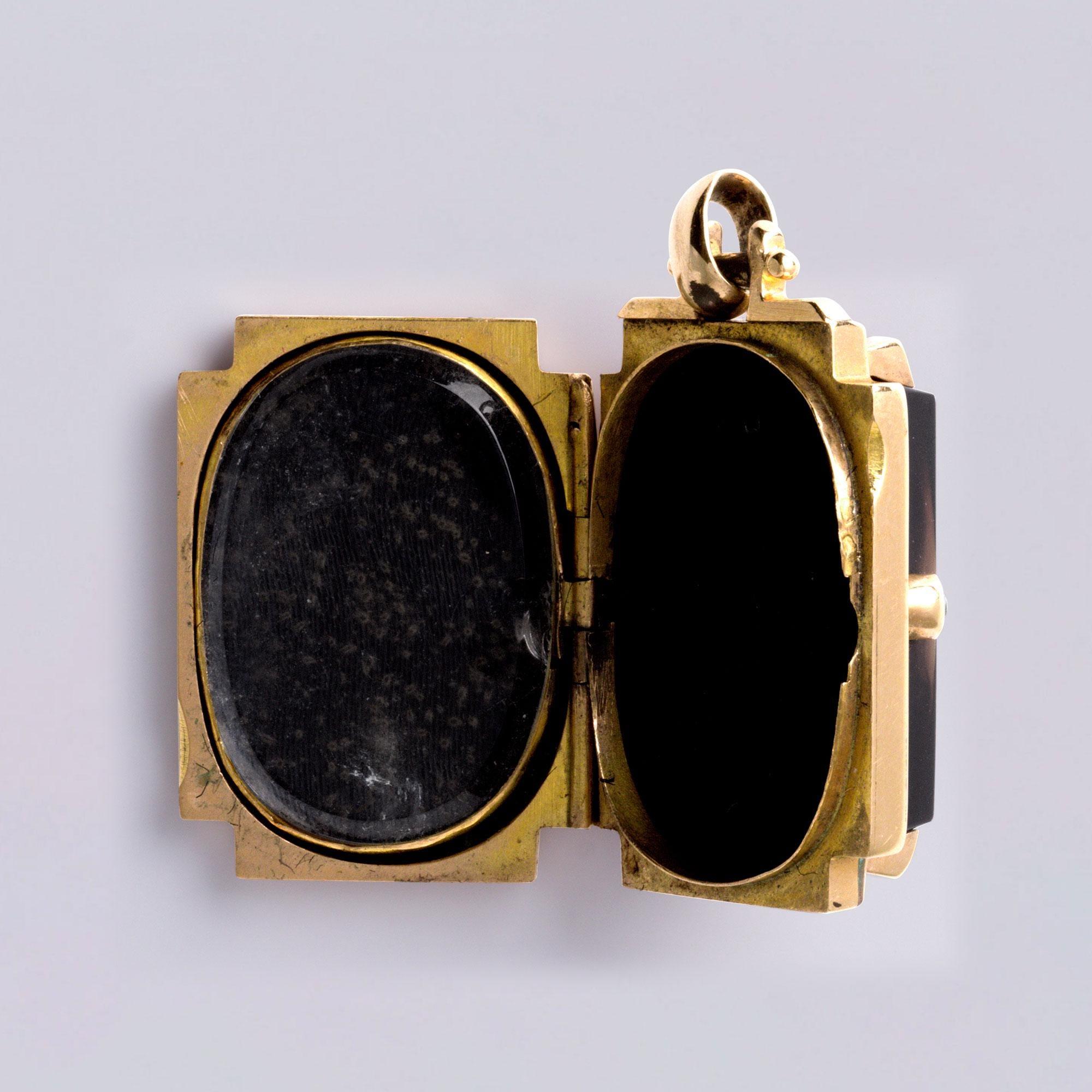 Women's or Men's Victorian 18K Rose Gold Jet Cameo Locket Pendant Rose Cut Diamonds For Sale