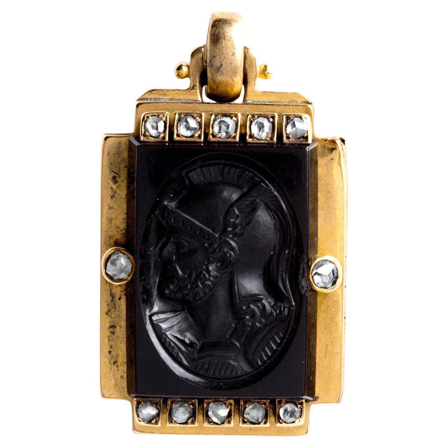Victorian 18K Rose Gold Jet Cameo Locket Pendant Rose Cut Diamonds For Sale