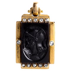 Victorian 18K Rose Gold Jet Cameo Locket Pendant Rose Cut Diamonds