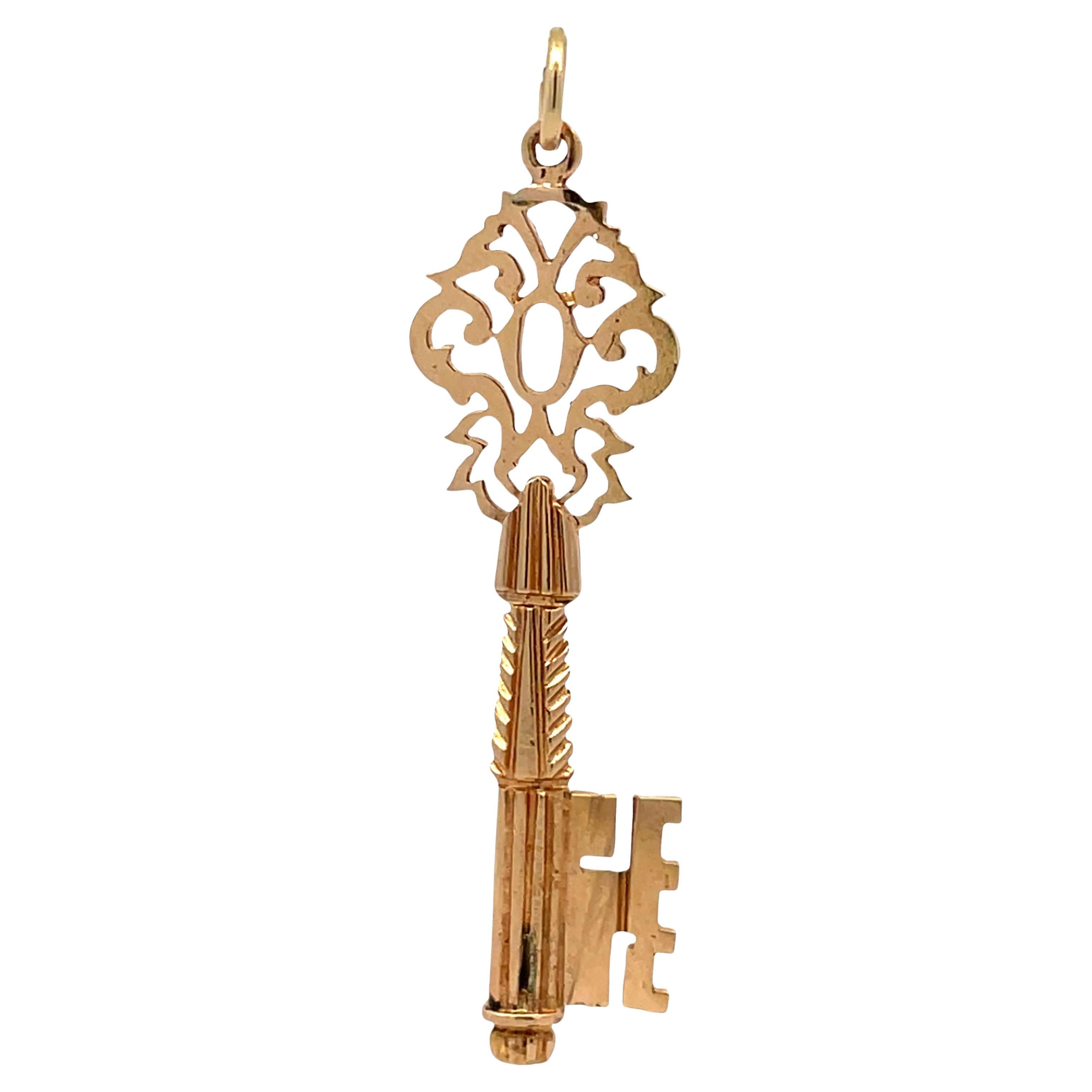 Victorian 18K Rose Gold Ornate Key Pendant With Hand Carved Bow