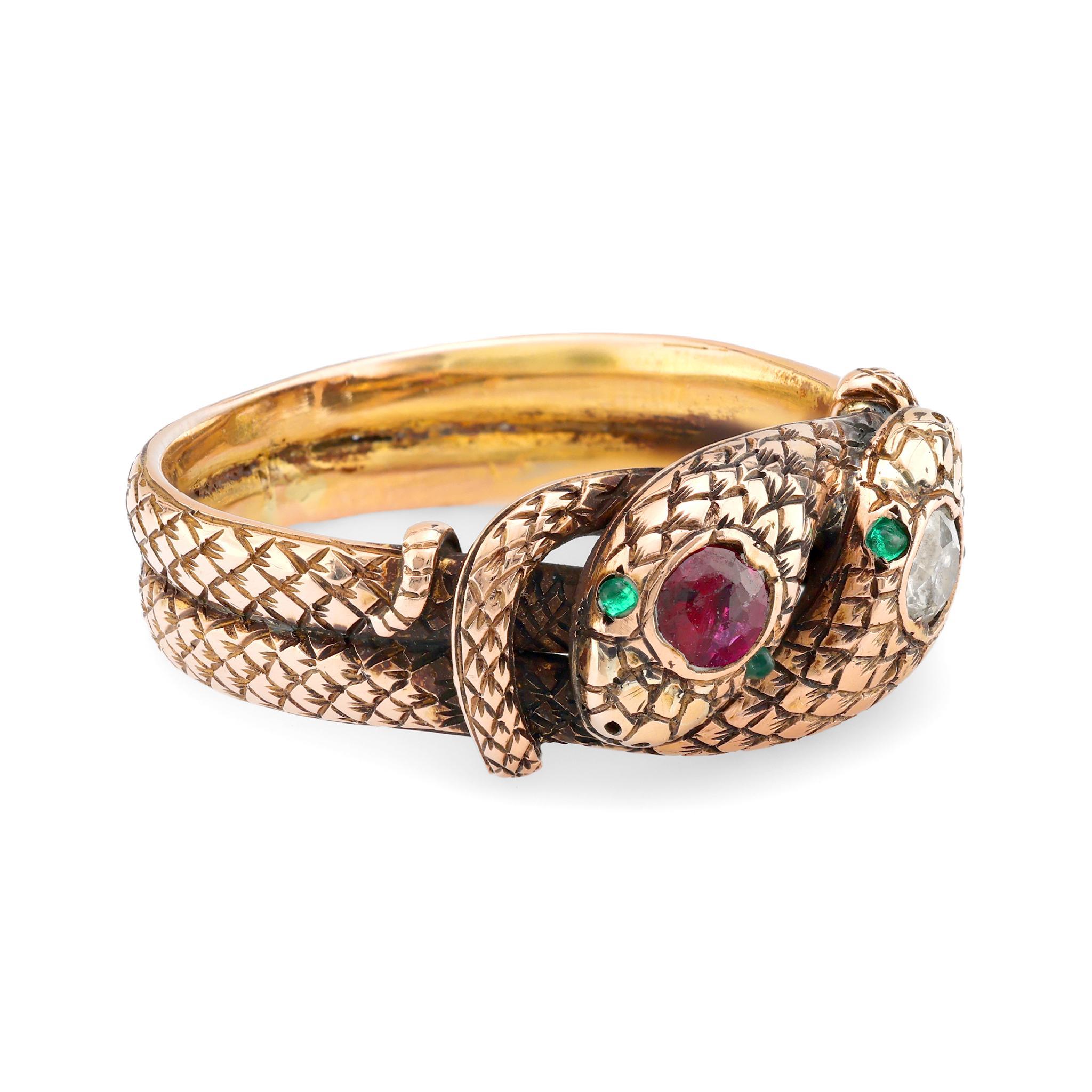 Cushion Cut Victorian 18k rose gold ruby diamond snake ring For Sale
