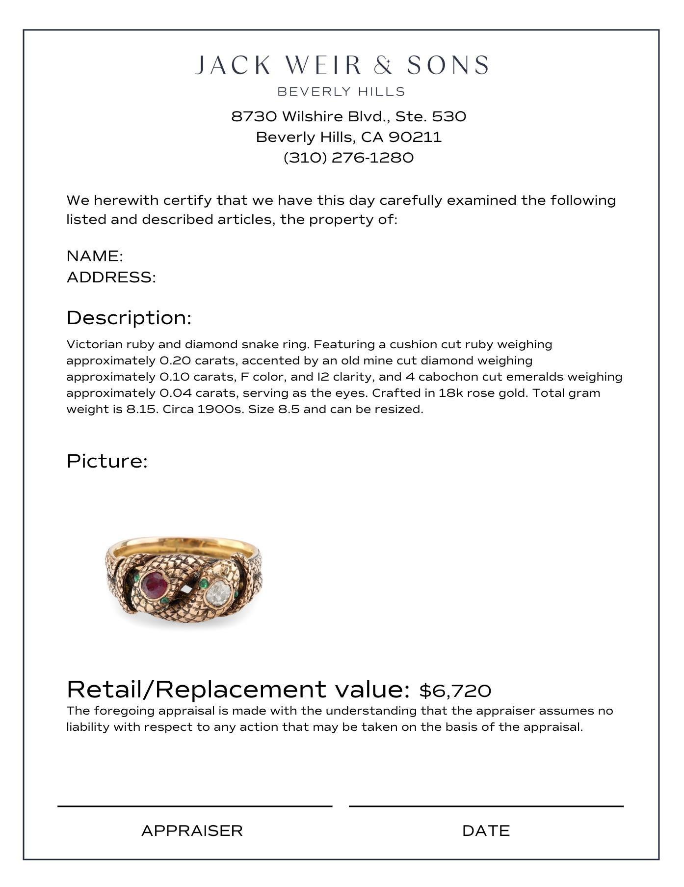Women's or Men's Victorian 18k rose gold ruby diamond snake ring For Sale