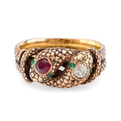 Bague victorienne en or rose 18k rubis diamant serpent