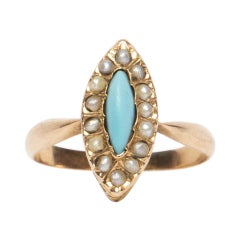 Victorian 18K Rose Gold Turquoise and Seed Pearl Antique Fashion Ring