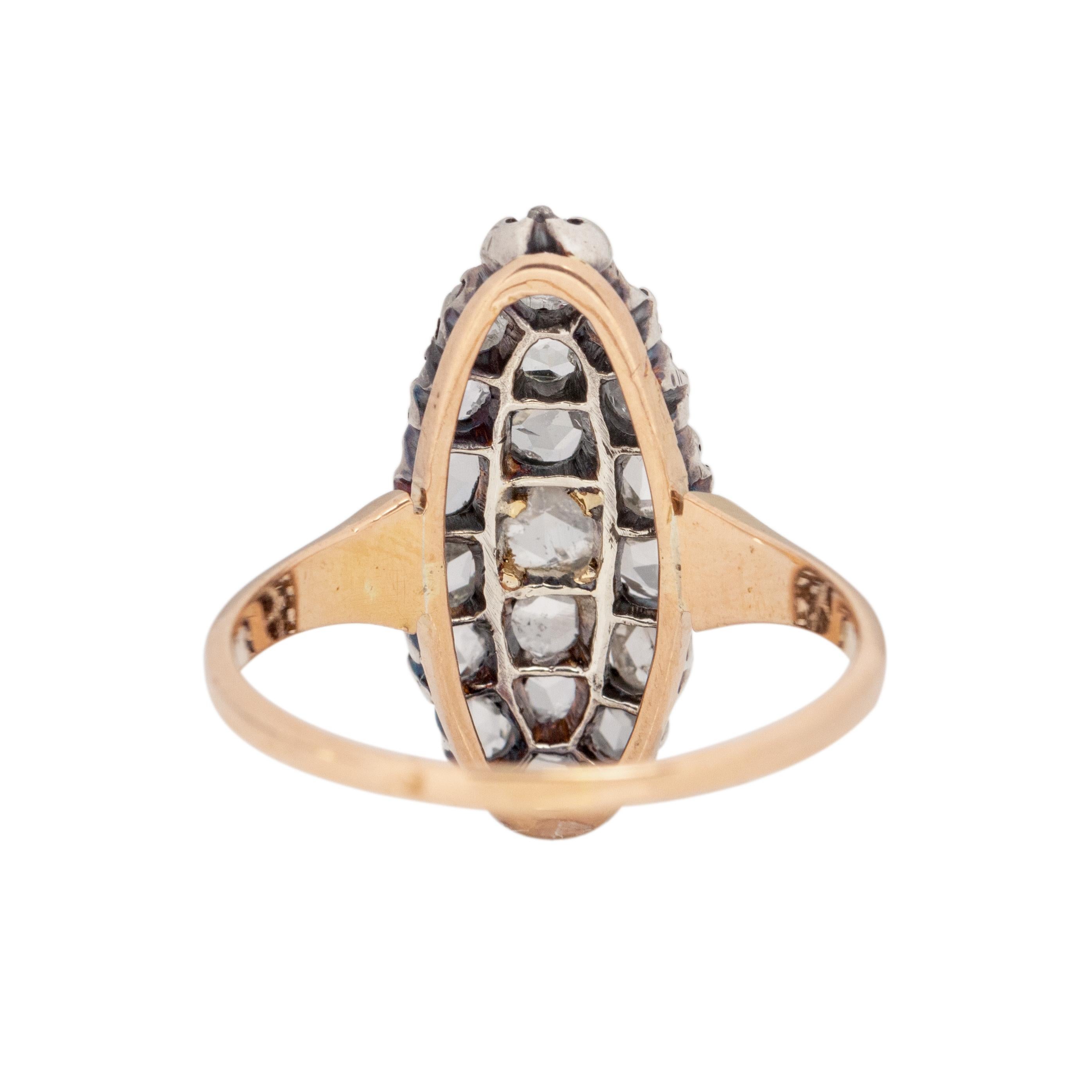 Women's or Men's Victorian 18K Rose Gold Two Tone Pave Rose Cut Diamond Navette Style Shield Ring