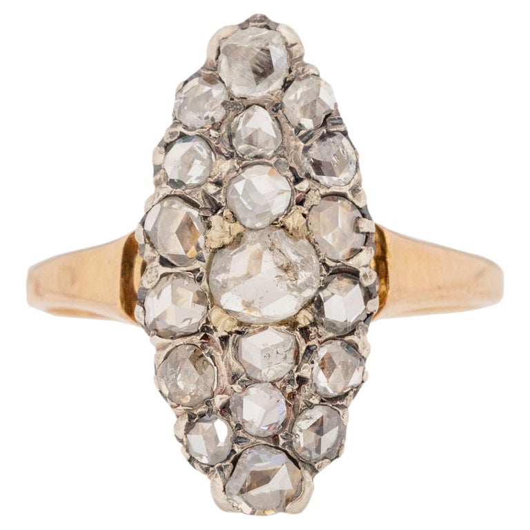 Rose Rim Style Shield Victorian 18K Rose Gold Two Tone Pave Rose Cut Diamond Navette Style ...