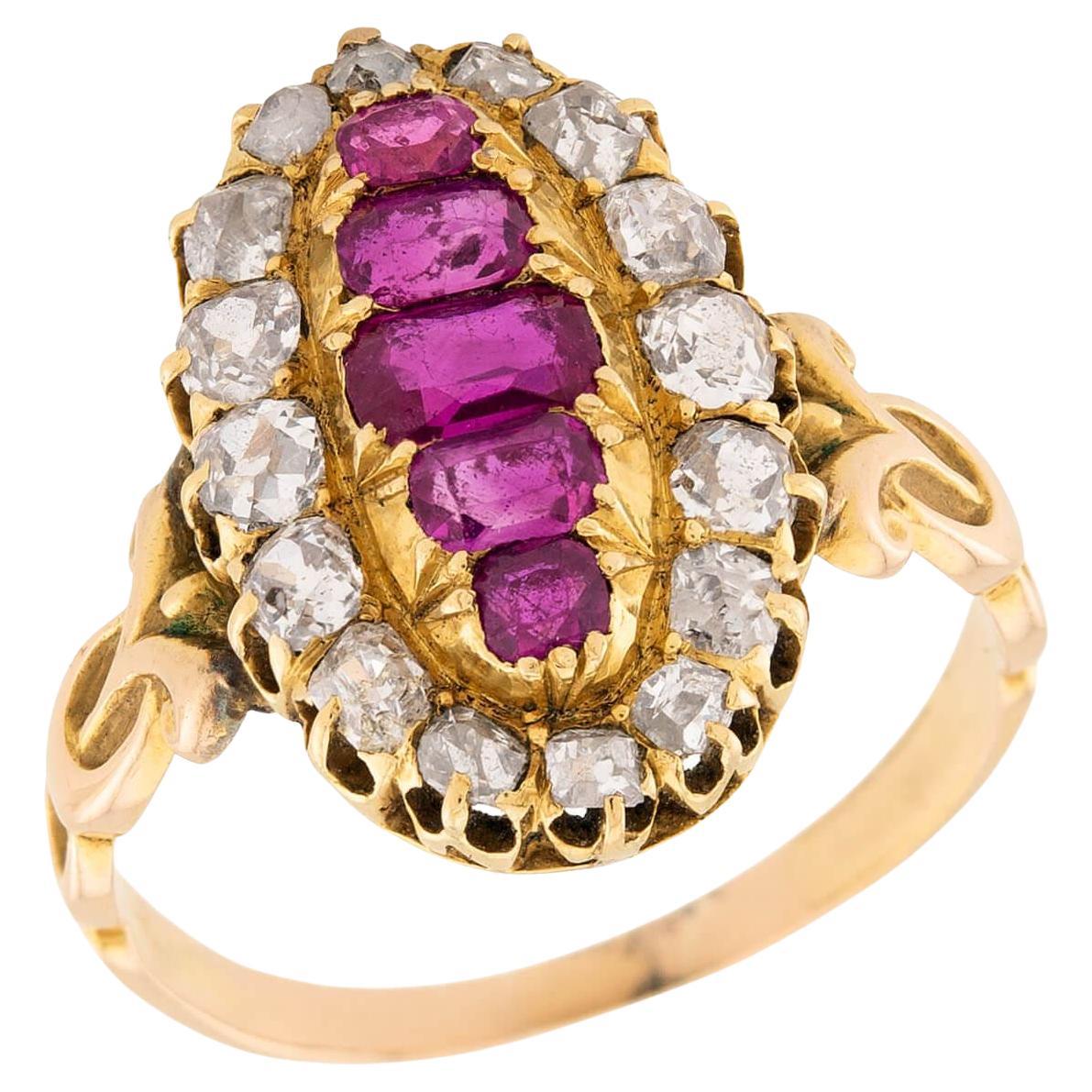 Anello vittoriano con rubino e diamanti a navette in 18 ct. in vendita