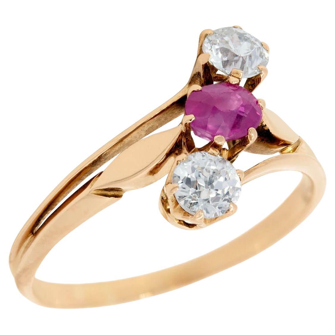 Victorian 18k Ruby and Diamond Three Stone Ring