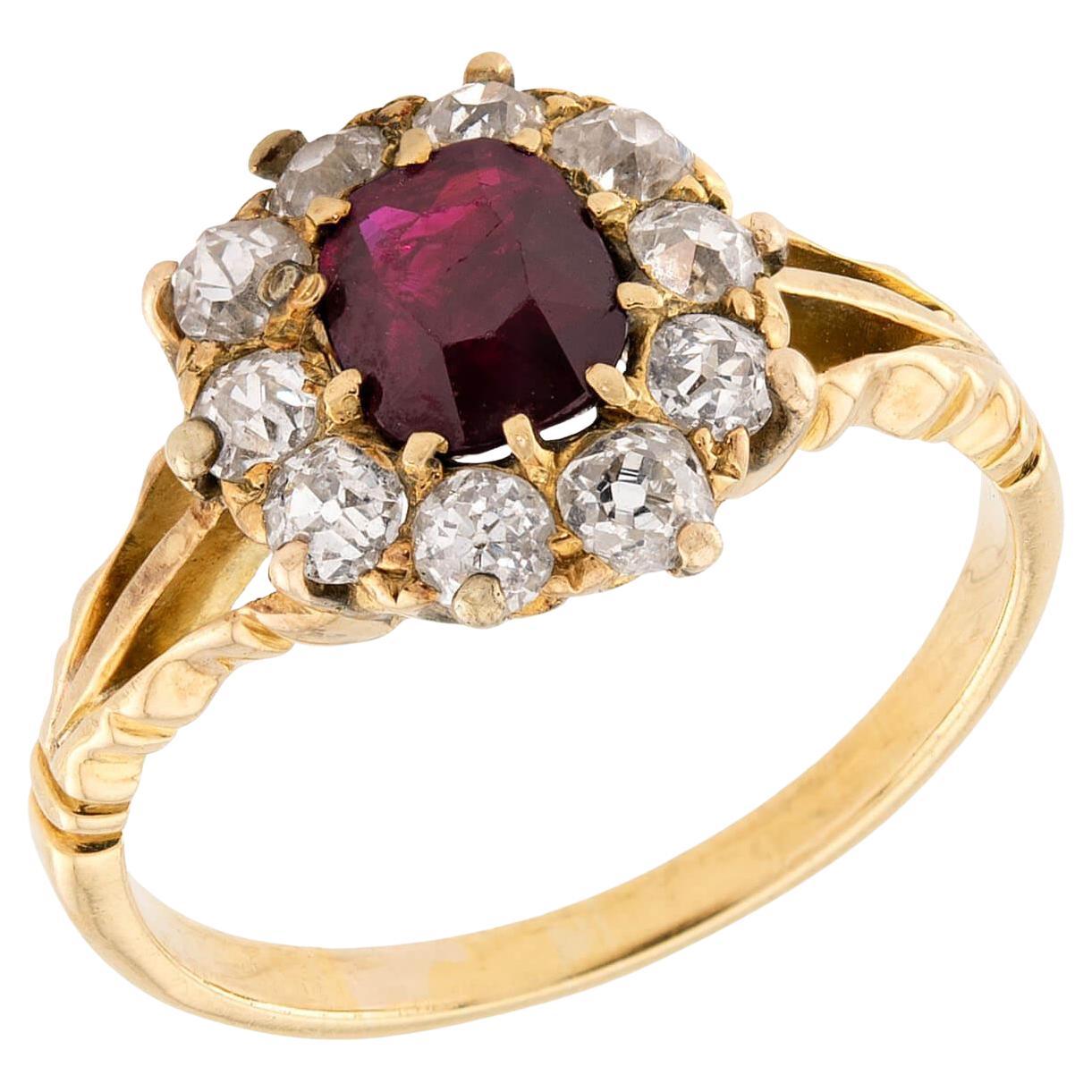 Victorian 18k Ruby 
Diamond Halo Ring For Sale