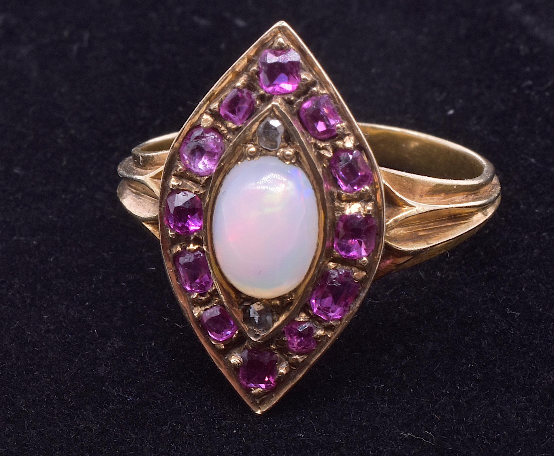 Victorian Marquis Shaped 18 Karat Ruby and Rose Diamond Ring with Opal Center  6