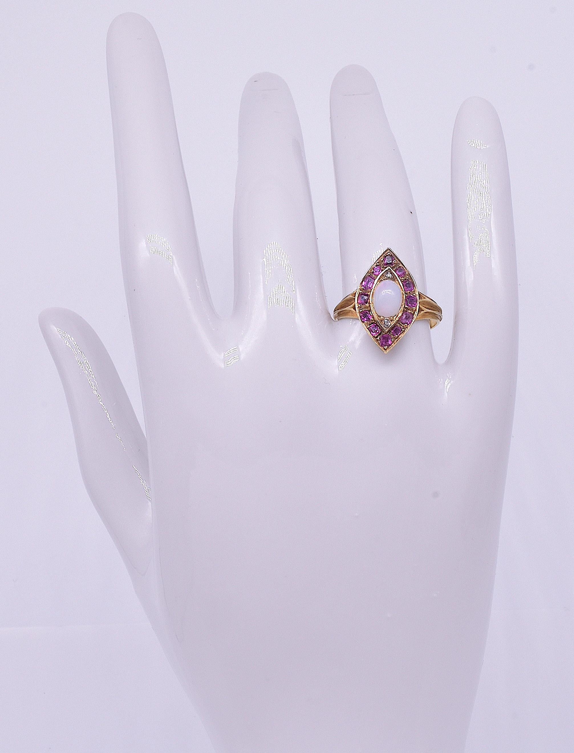 Victorian Marquis Shaped 18 Karat Ruby and Rose Diamond Ring with Opal Center  7