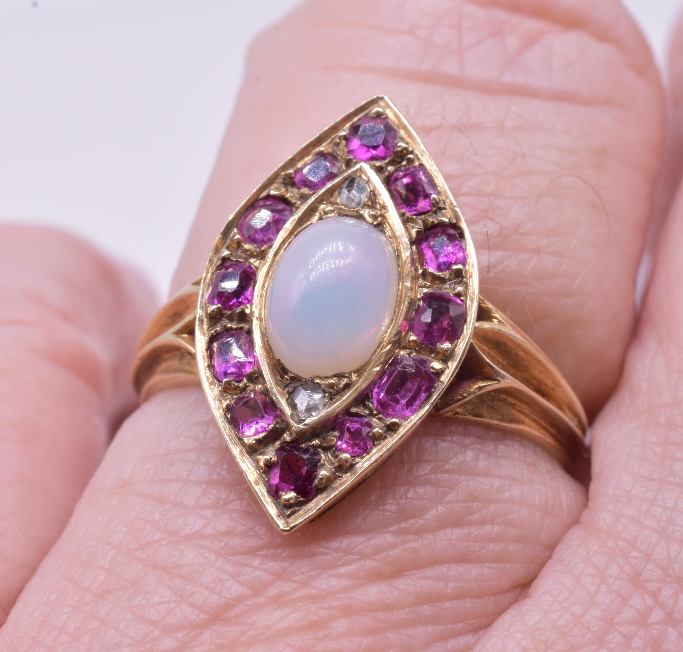 Victorian Marquis Shaped 18 Karat Ruby and Rose Diamond Ring with Opal Center  8