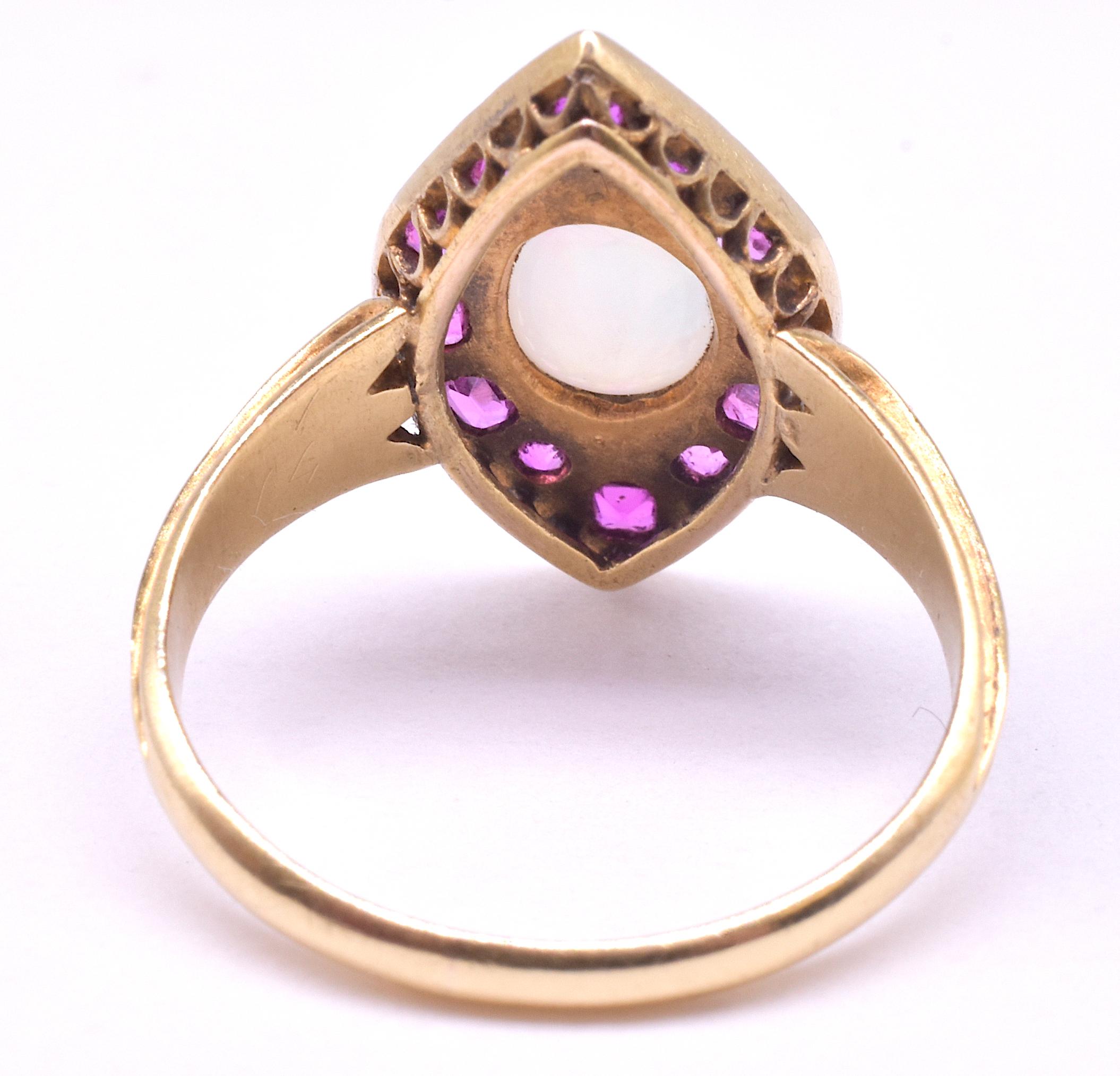Rose Cut Victorian Marquis Shaped 18 Karat Ruby and Rose Diamond Ring with Opal Center 