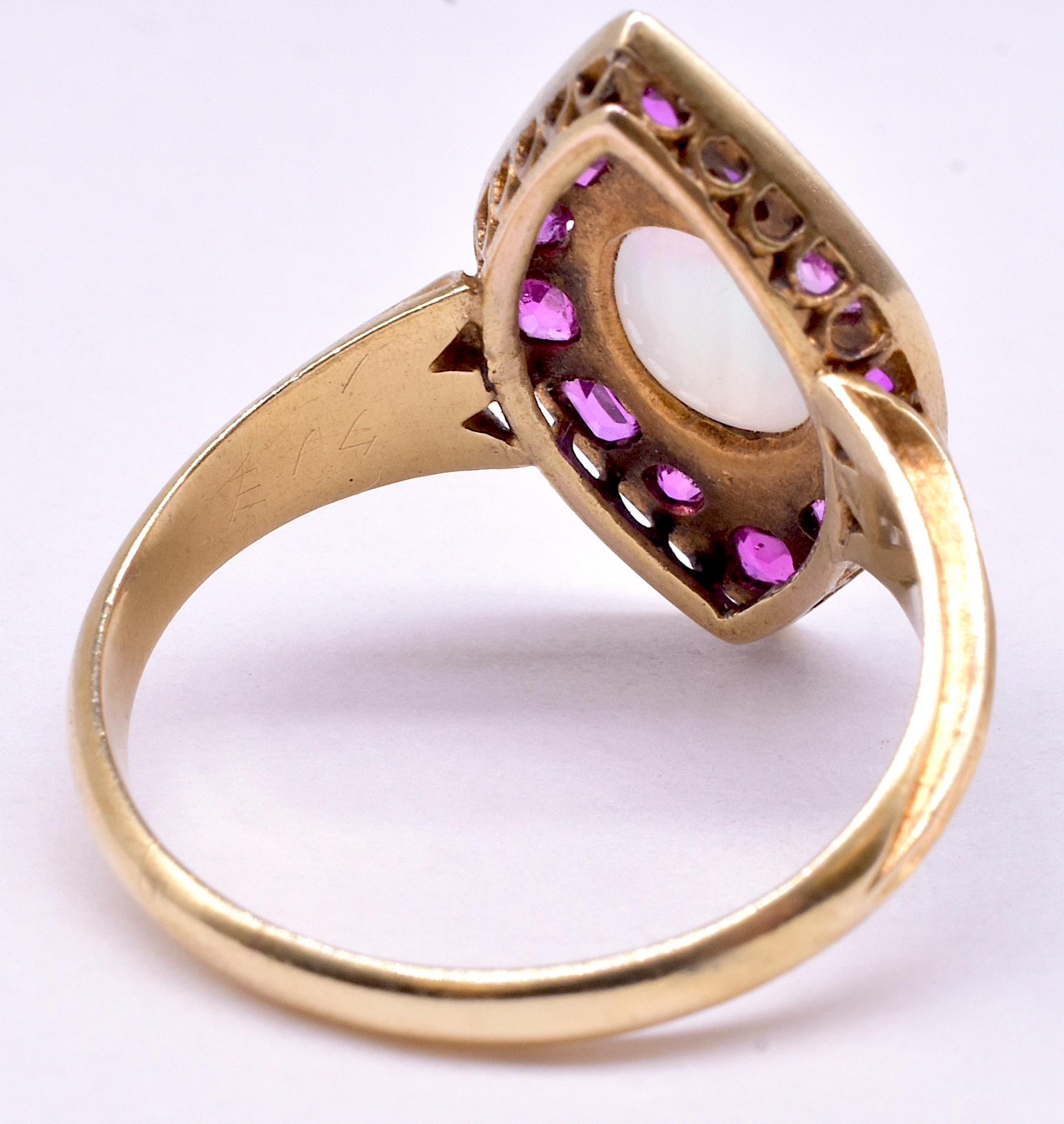 Victorian Marquis Shaped 18 Karat Ruby and Rose Diamond Ring with Opal Center  In Excellent Condition In Baltimore, MD