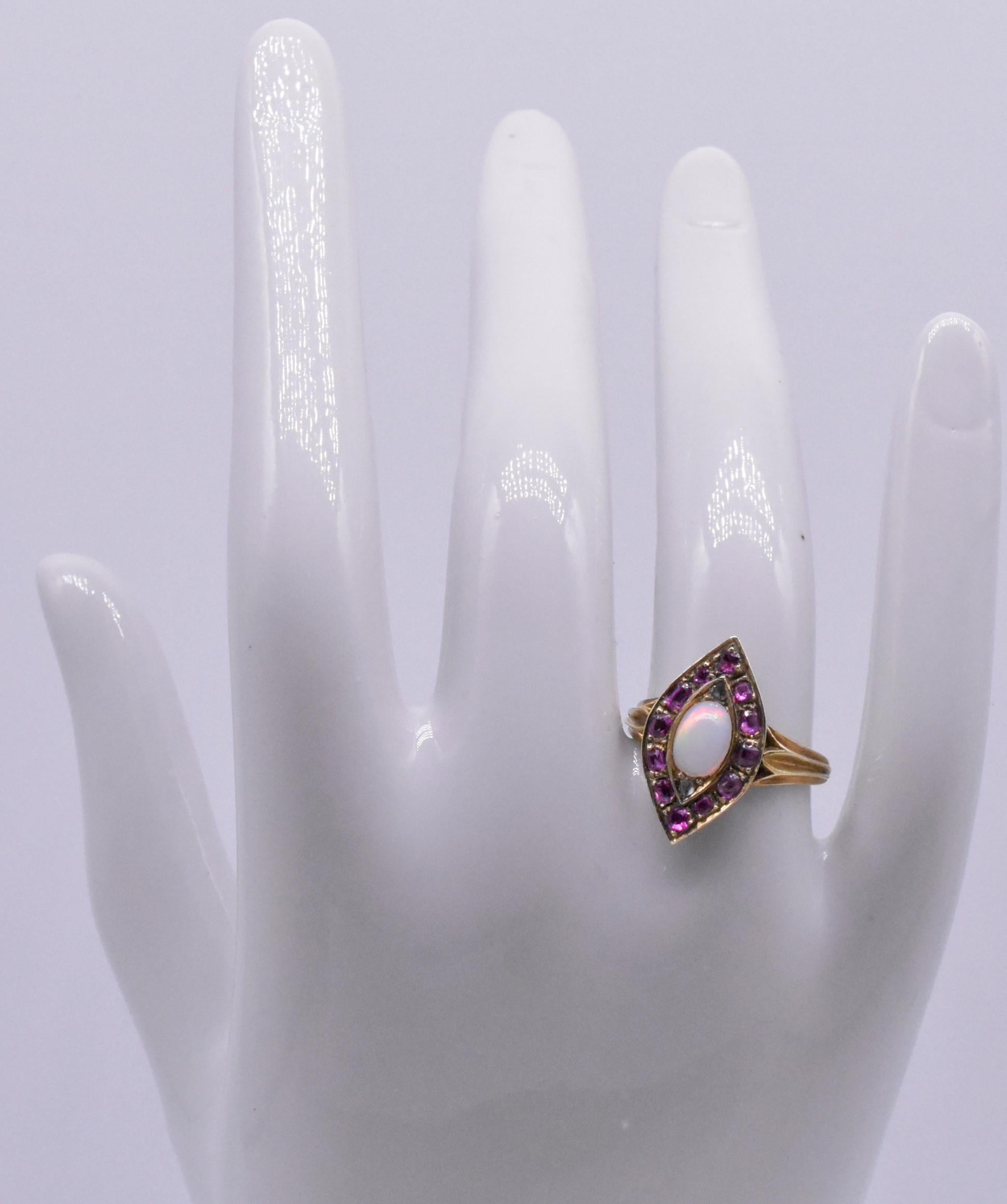Victorian Marquis Shaped 18 Karat Ruby and Rose Diamond Ring with Opal Center  1