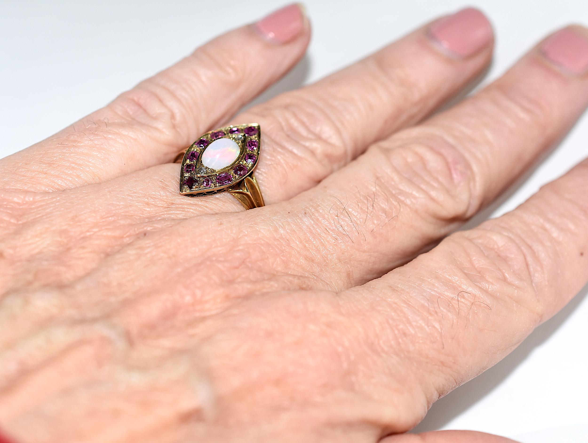Victorian Marquis Shaped 18 Karat Ruby and Rose Diamond Ring with Opal Center  2