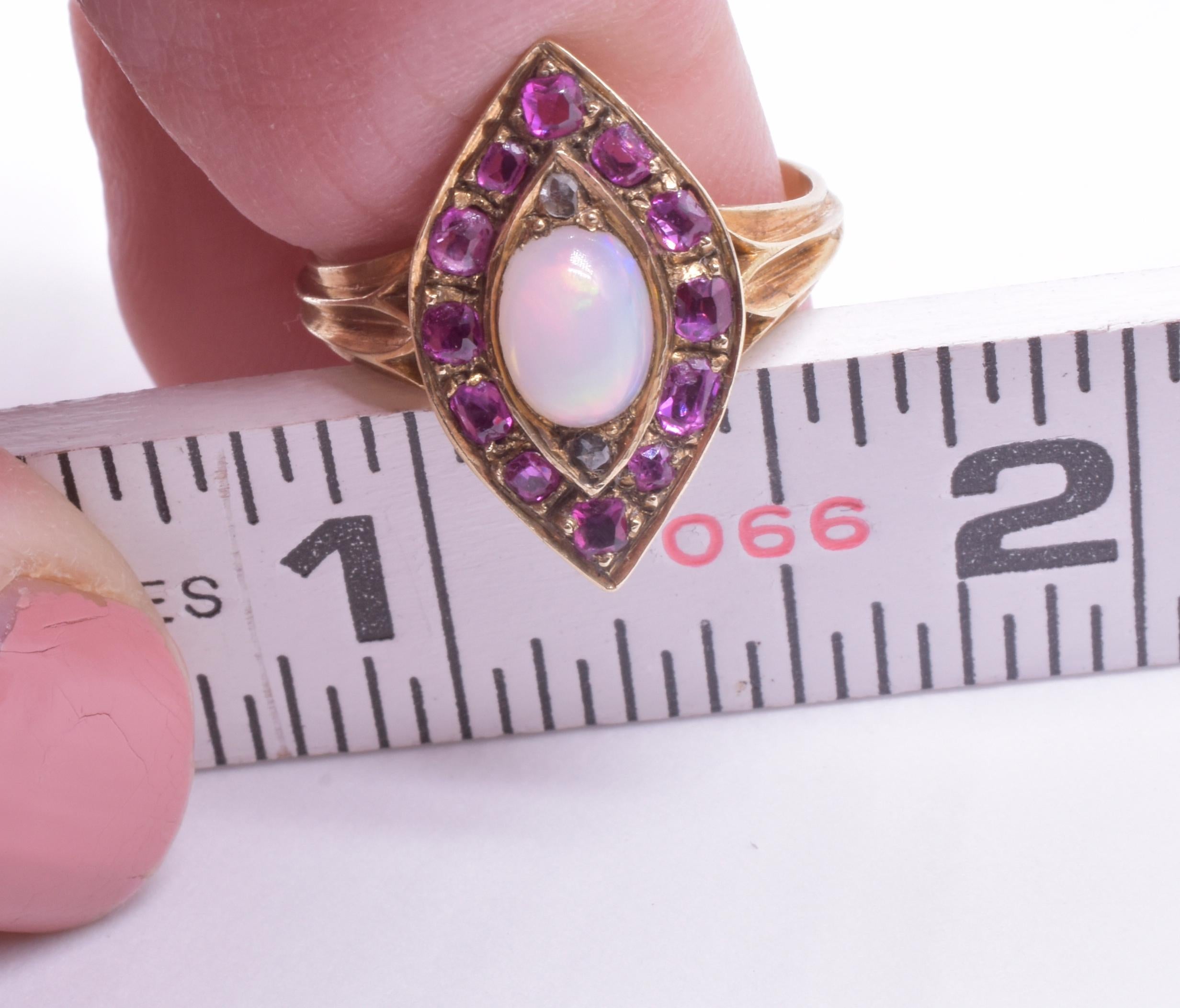 Victorian Marquis Shaped 18 Karat Ruby and Rose Diamond Ring with Opal Center  3