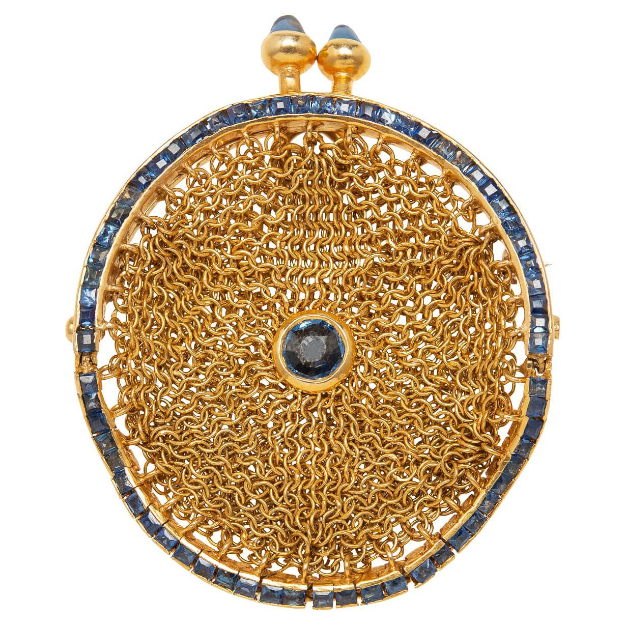 Victorian 18k Sapphire Chatelaine Mesh Purse Pin or Pendant For Sale