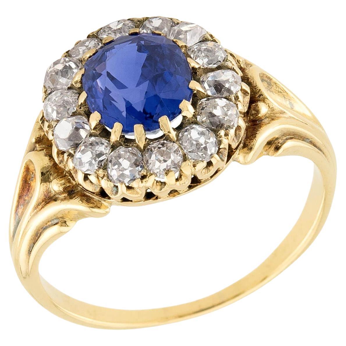 Victorian 18k Sapphire 
Diamond Halo Ring For Sale