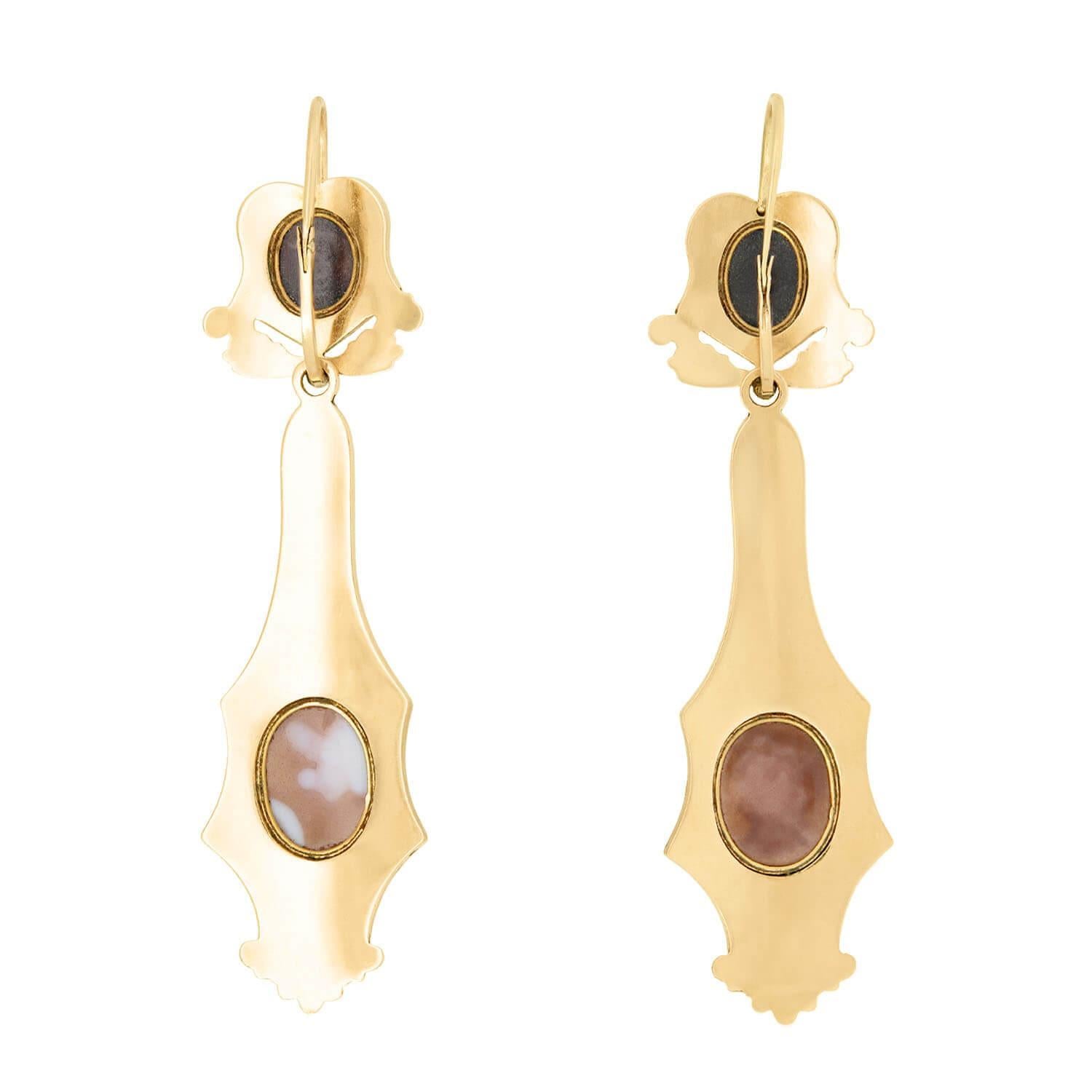 Women's or Men's Victorian 18k Shell Cameo Swiss Enamel Day/Night Earrings For Sale