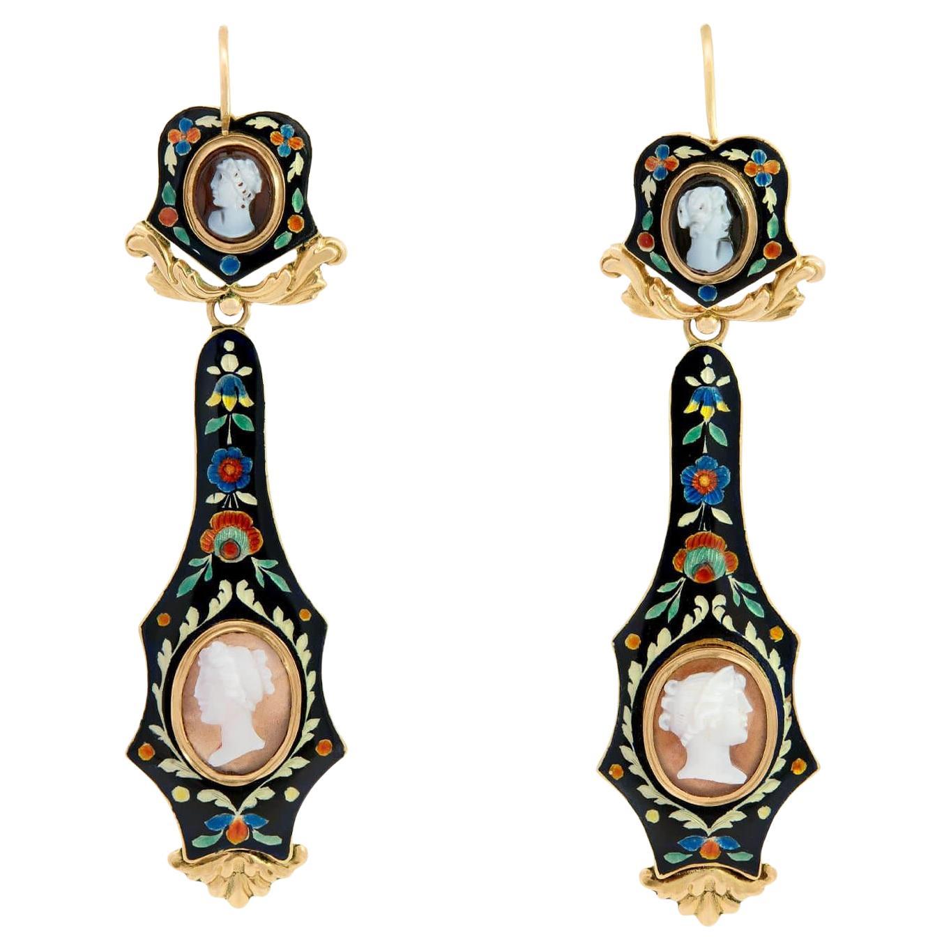 Victorian 18k Shell Cameo Swiss Enamel Day/Night Earrings