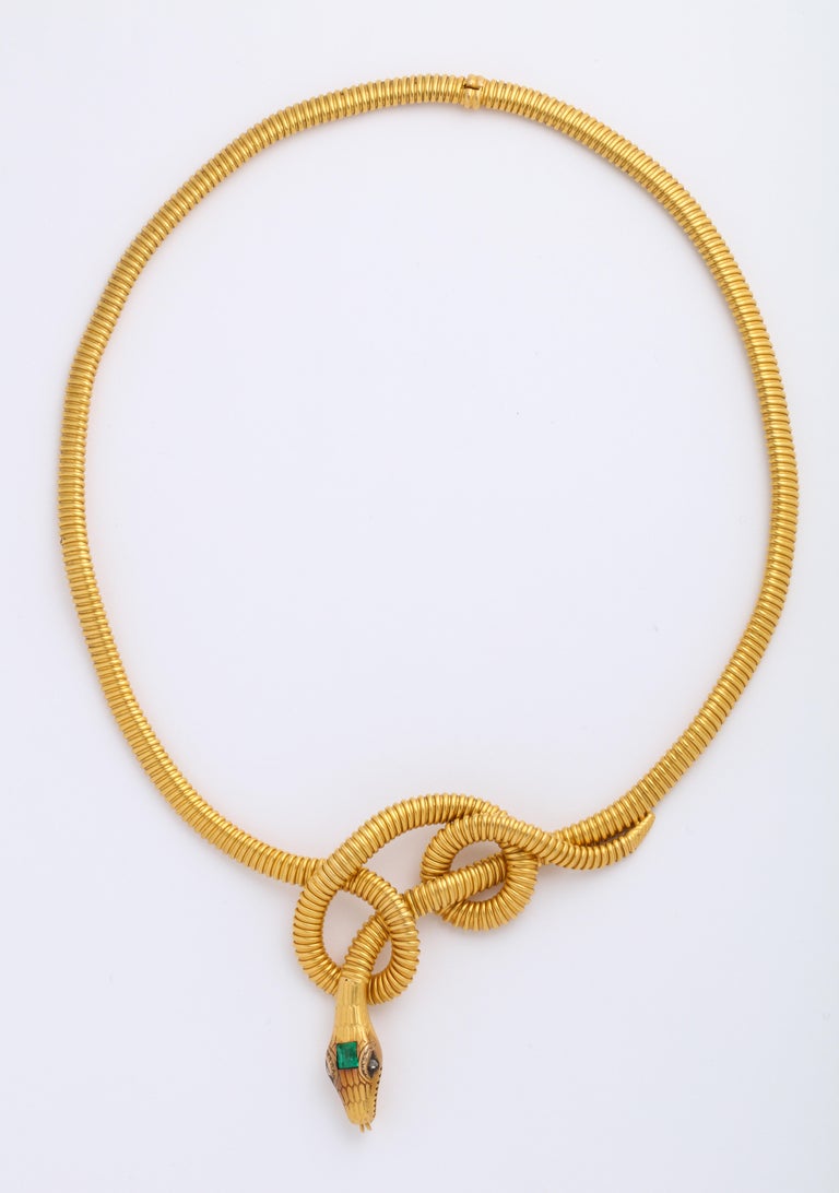 Victorian 18K Snake Necklace with Emerald Head and Eyes For Sale at 1stDibs