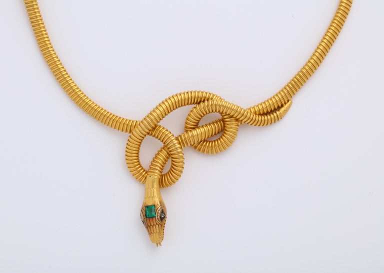 Victorian 18K Snake Necklace with Emerald Head and Eyes For Sale at 1stDibs