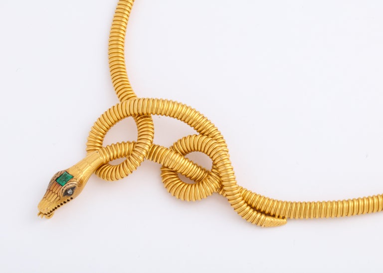 Victorian 18K Snake Necklace with Emerald Head and Eyes For Sale at 1stDibs