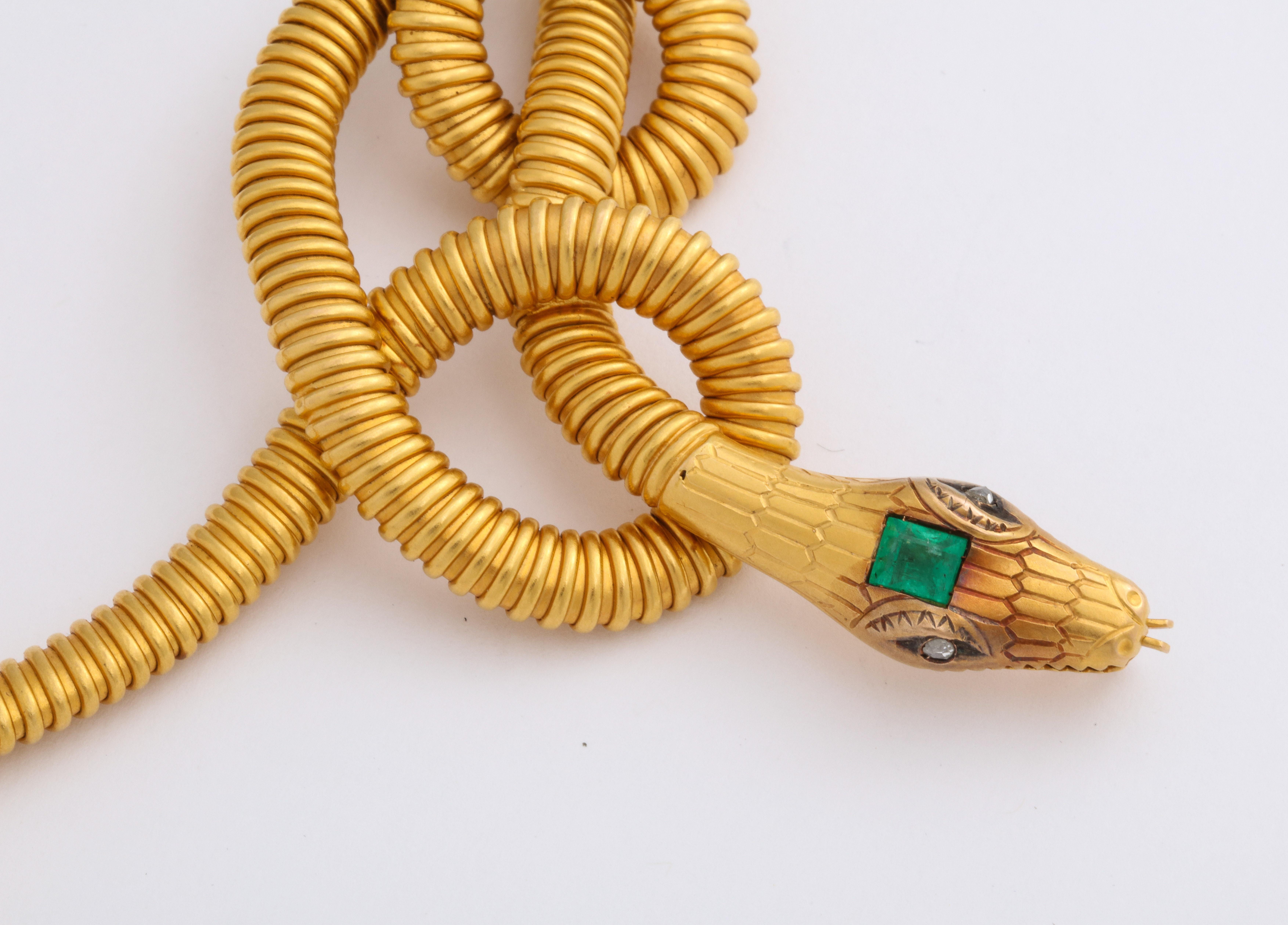 Victorian 18K Snake Necklace with Emerald Head and Eyes In Good Condition In New York, NY