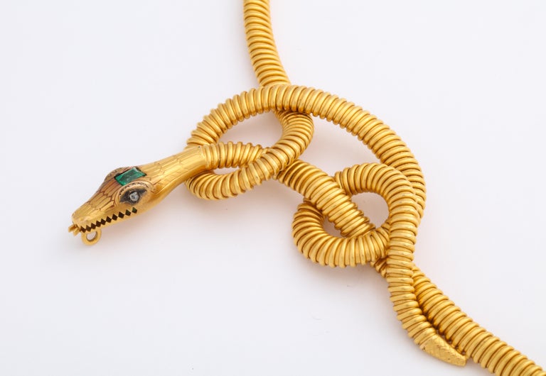 Victorian 18K Snake Necklace with Emerald Head and Eyes For Sale at 1stDibs